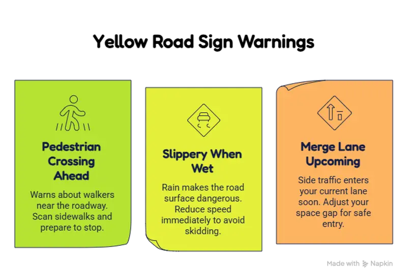 yellow road signs for driving test